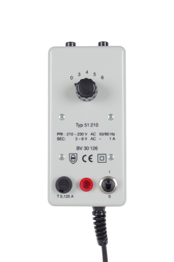 Trafo zur Nystagmusbrille Typ 501, 3–6 V, regulierbar 1A, 210–230 V